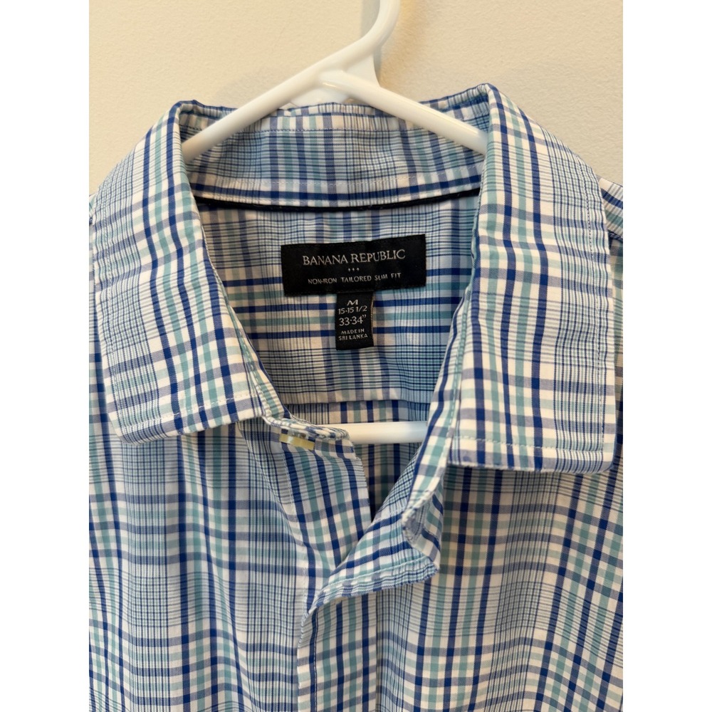 Banana Republic Mens Non-Iron Tailored Slim Fit Plaid Button Down Shirt Blue M
